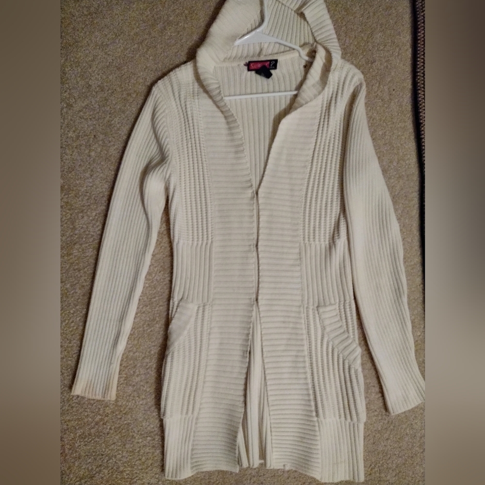 Women's long hooded cable knit cardigan sweater XL